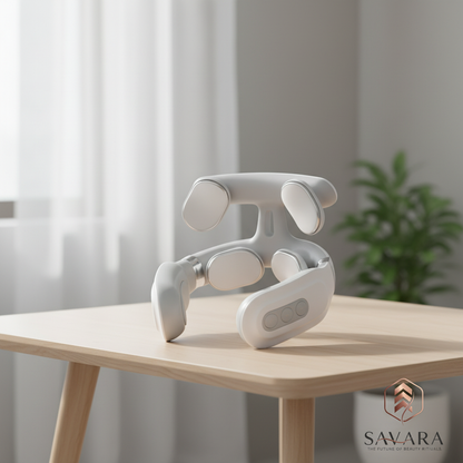 Neck massager hero photo with Savara logo