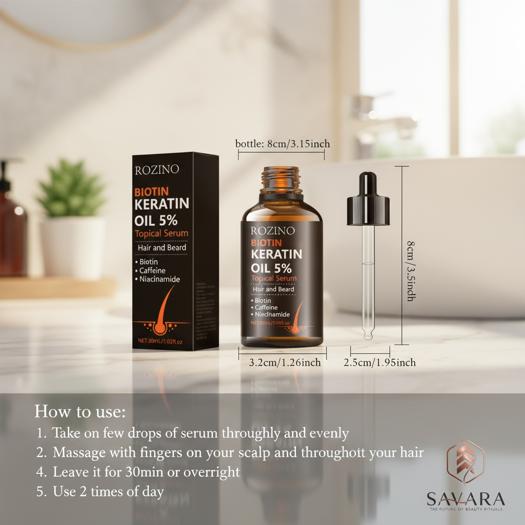 Rozino Biotin Keratin Oil with Measurements and Instructions