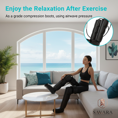 Woman relaxing with air massager at home