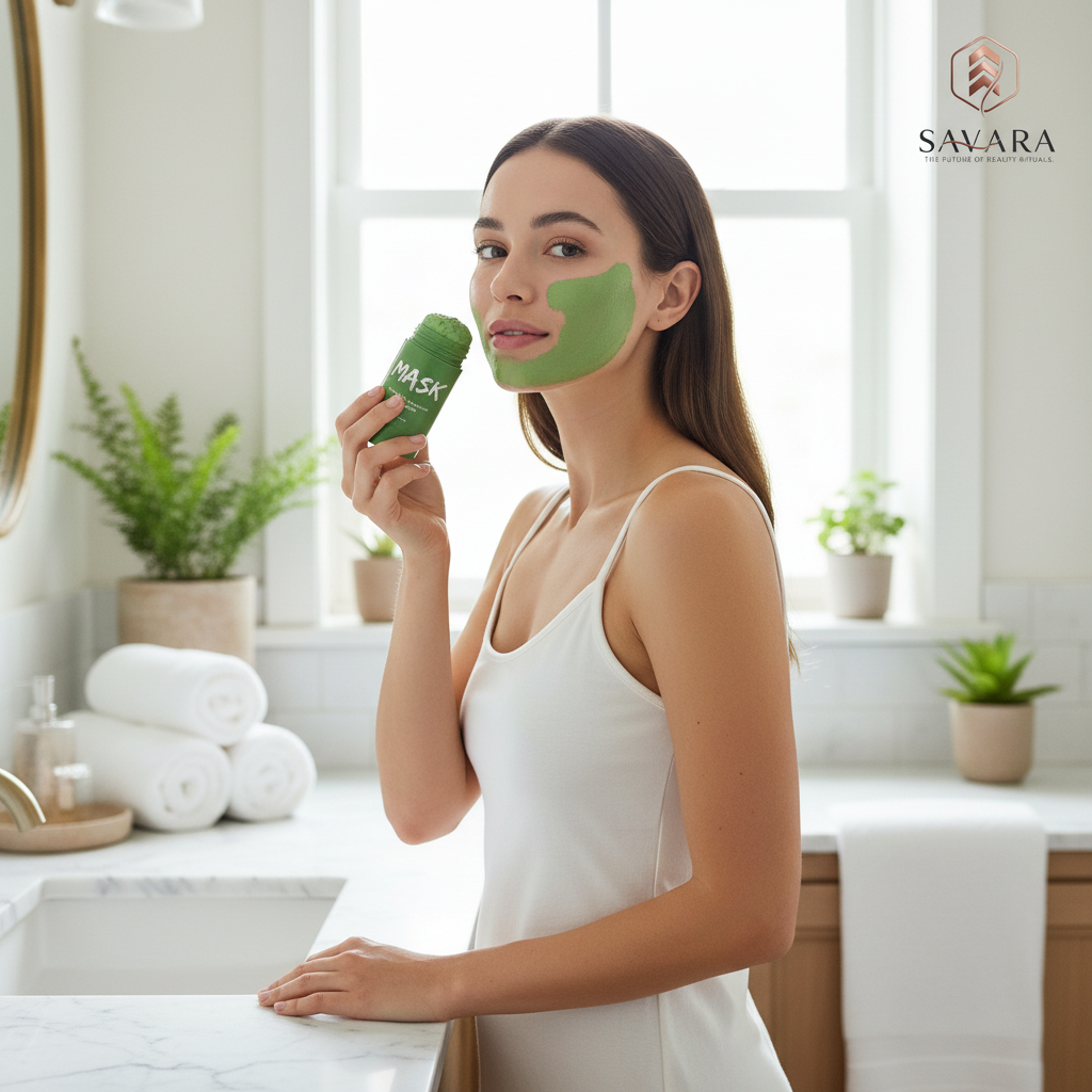 Woman using clay mask stick at home